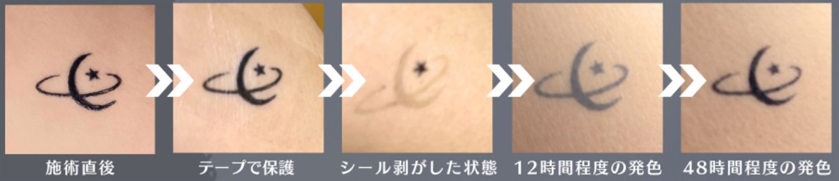 ジャグアタトゥーの発色変化（施術直後 → テープで保護 → シール剥がした状態 → 12時間程度の発色 → 48時間程度の発色）